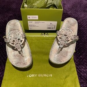 Tory Burch Snakeskin Sandals in Gray and Cream